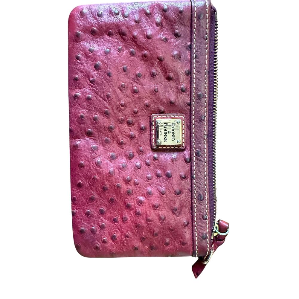 DOONEY & BOURKE BURGUNDY OSTRICH EMBOSSED LEATHER WRISTLET CLUTCH ZIP WALLET